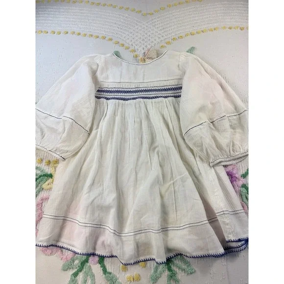 Free People White Embroidered Tunic Top 3/4 Sleeve Bohemian Smocked Cotton S